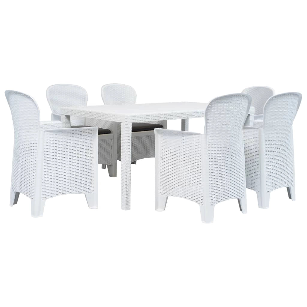 Set da pranzo da esterno 7 pezzi in plastica bianca effetto rattan 02_0014511