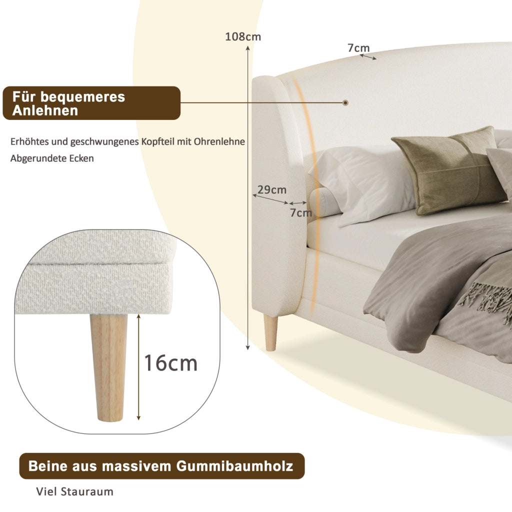 Letto matrimoniale 140x190 cm con testiera a orecchie; rivestimento bouclé bianco