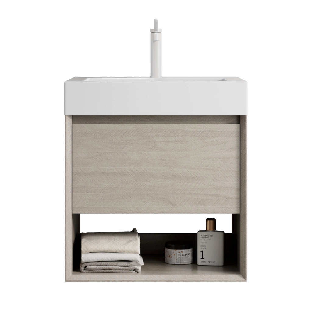 Mobile bagno sospeso con 1 cassetto e 1 vano aperto con lavabo integrato per bagno; 55×46×60 cm; rovere chiaro e bianco