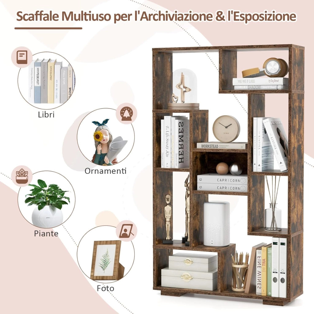 Libreria Geometrica 120 cm, Scaffale per Libri con Ripiani Aperti, Scaffale da Esposizione Moderno con Kit Anti-ribaltamento, Ideale per Casa Ufficio o Soggiorno (Marrone)