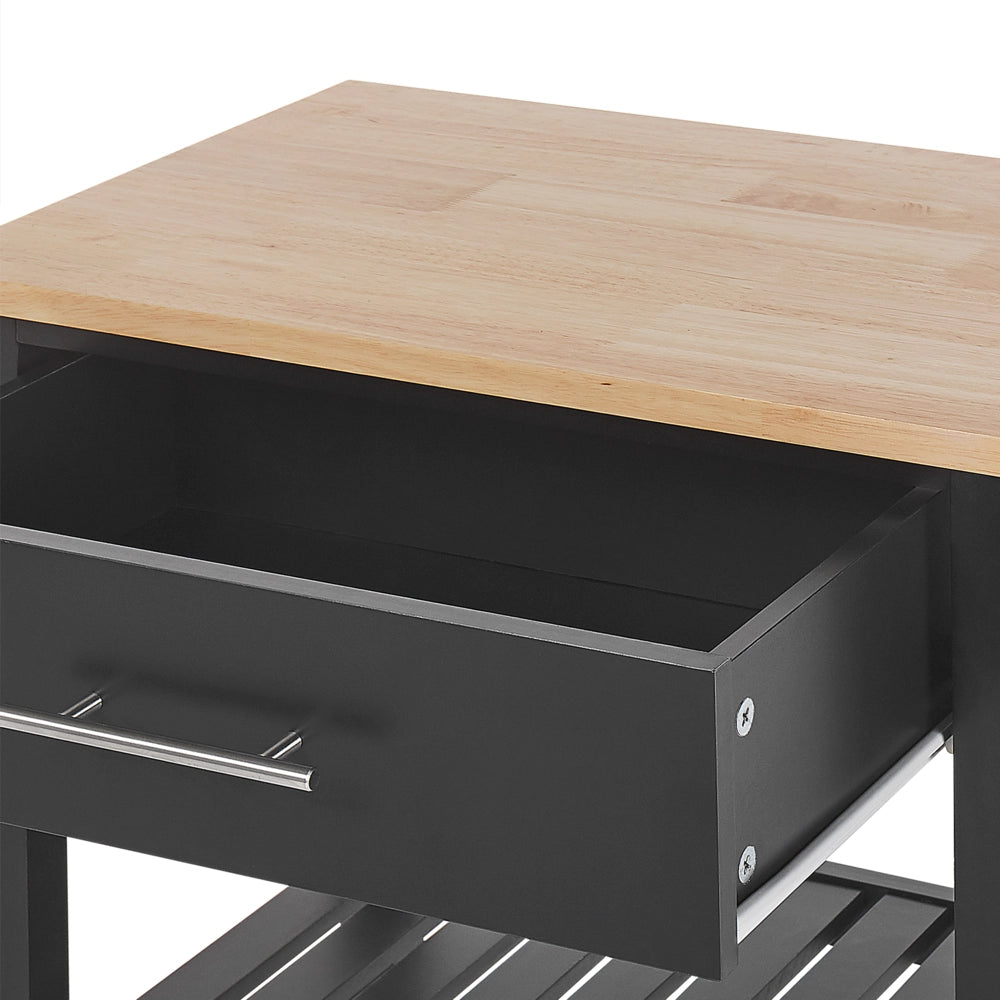 Carrello da cucina in legno di gomma Nero MDF 58 x 40 x 85 cm 2 ripiani portaposate cassetto portabottiglie ruote