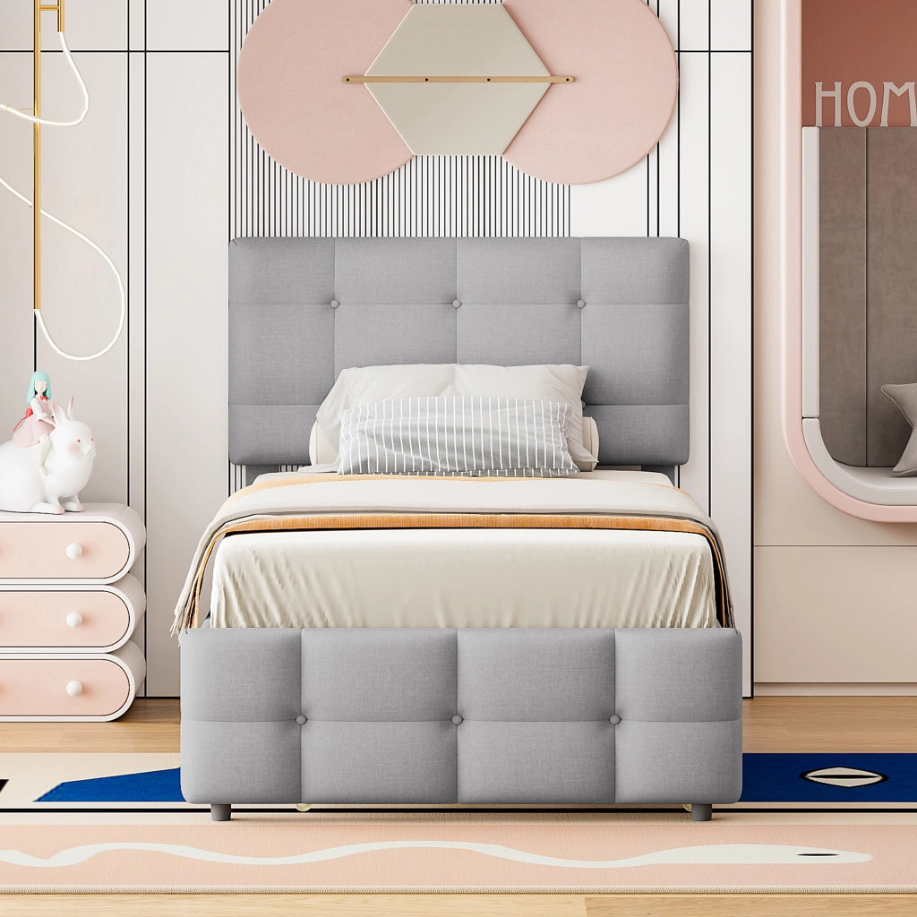 Letto singolo estraibile 90×200 cm e 90×190 cm con testiera regolabile; senza materasso; imbottito; grigio