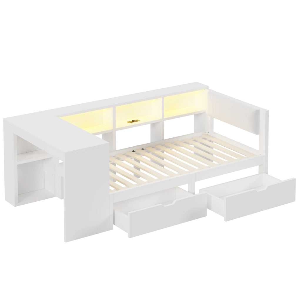 Letto 90x200 cm con testiera imbottita; LED e stazione di ricarica in MDF bianco
