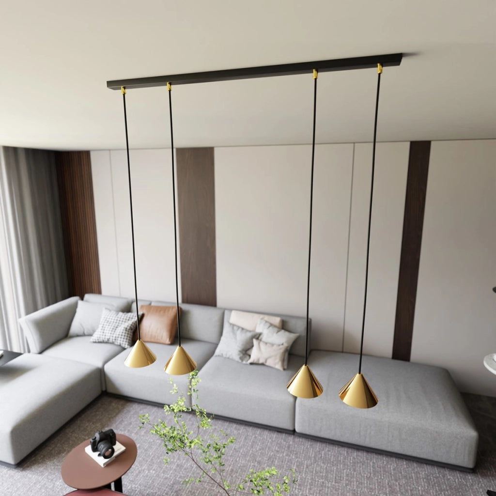 Lampada a sospensione ELIT con diffusori conici oro e struttura nera