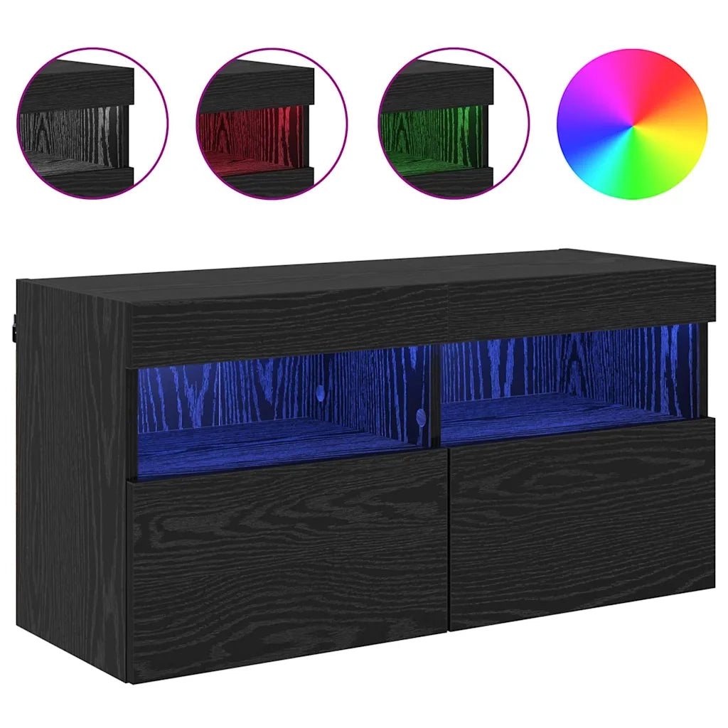 Mobile TV da parete con LED Rovere Nero 80 x 30 x 40 cm 882981