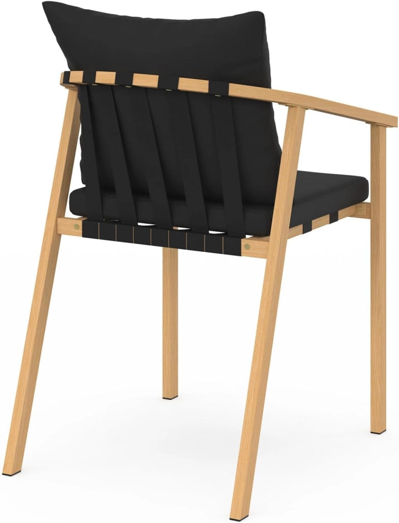 Set di 4 sedie da giardino Malta struttura in metallo effetto legno, cinghie e cuscini neri
