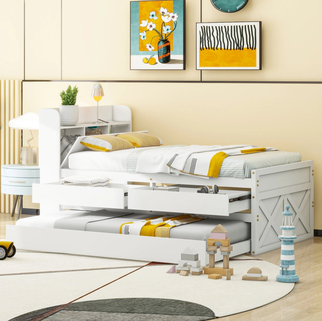 Letto 90x190 cm con letto estraibile; cassetti e USB in legno