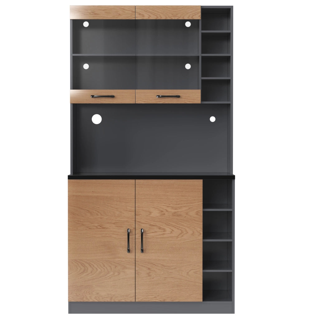 Credenza cucina 100x47x187 cm con LED e ripiani regolabili in MDF e vetro naturale e grigio