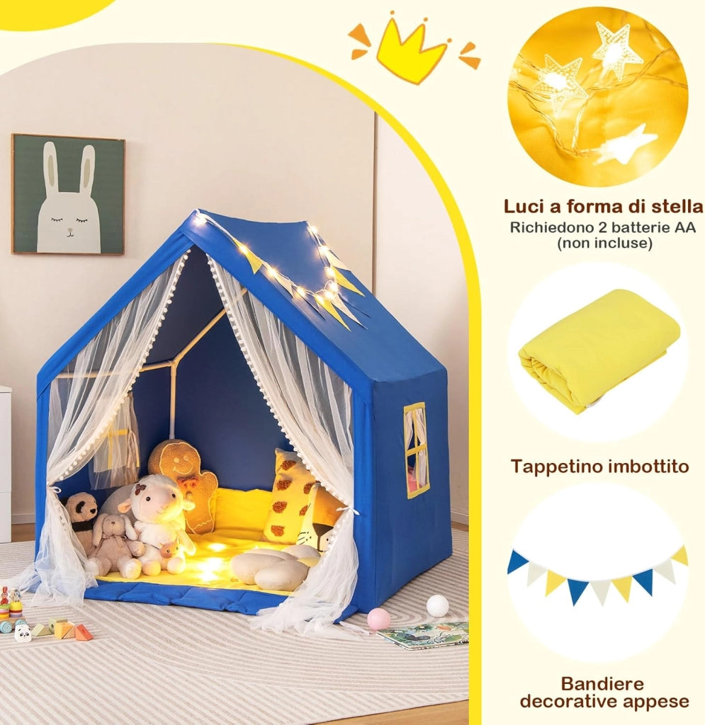 Tenda da Gioco per Bambini, Casetta per Bambini con Tappeto in Cotone Lavabile Luci Stellari e Finestre, Tenda del Castello, 122x105x125 cm (Blu)