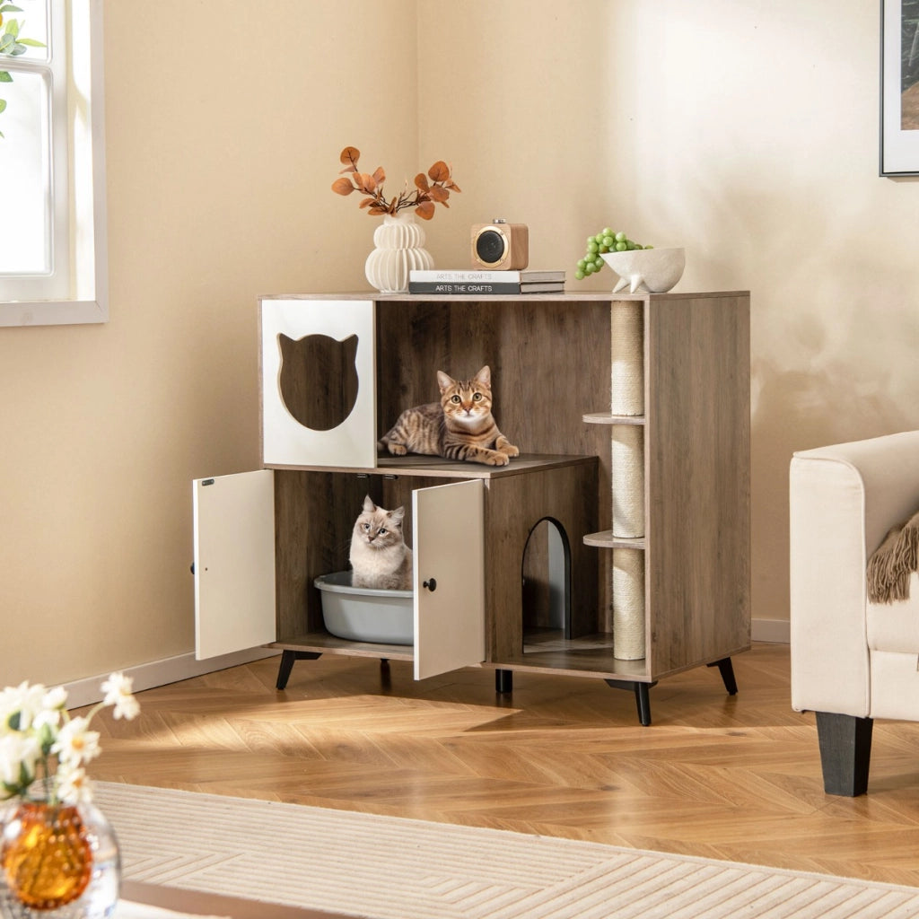 Mobile per lettiera per gatti con 3 pali in sisal per grattare 5 gambe di supporto, Mobile per lettiera 5 in 1 da interno Grigio-Lettini e divanetti