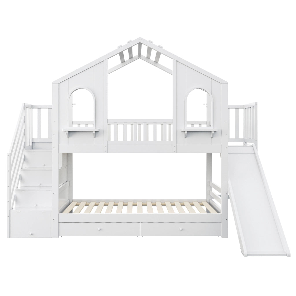 Letto a Castello 90x200 cm; Casa con Scivolo; Scala contenitore; Cassetti; Bianco