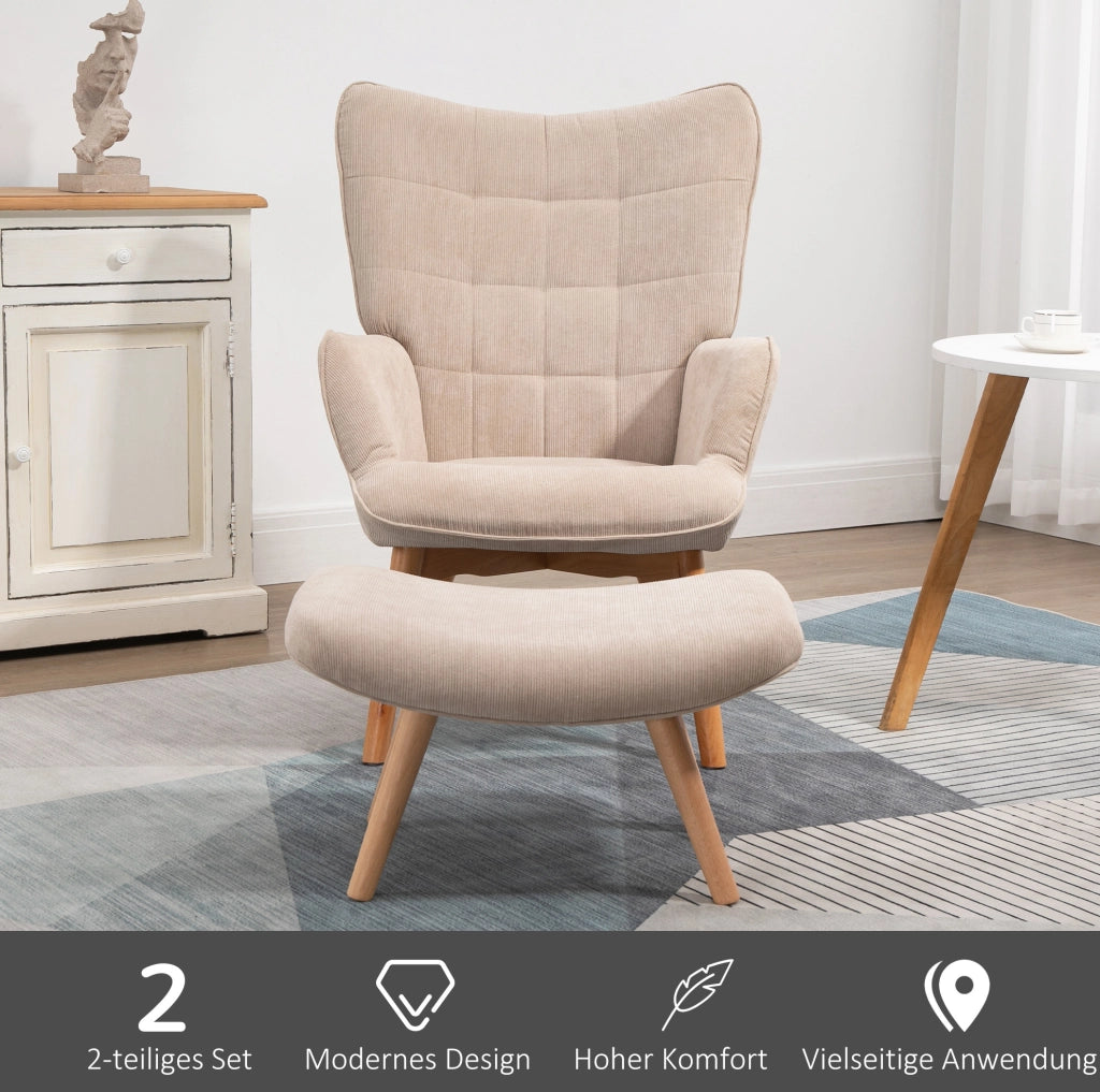 Poltrona relax beige in velluto a coste con pouf