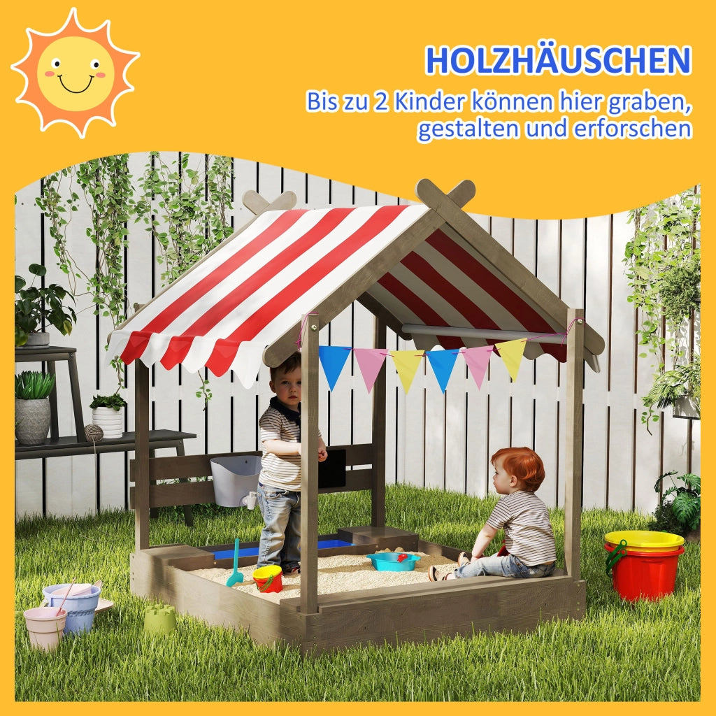 Casa di gioco per bambini con sabbiera e ombrellone ¨C zephmum ¨C 124x116x146 cm, legno massello, grigio