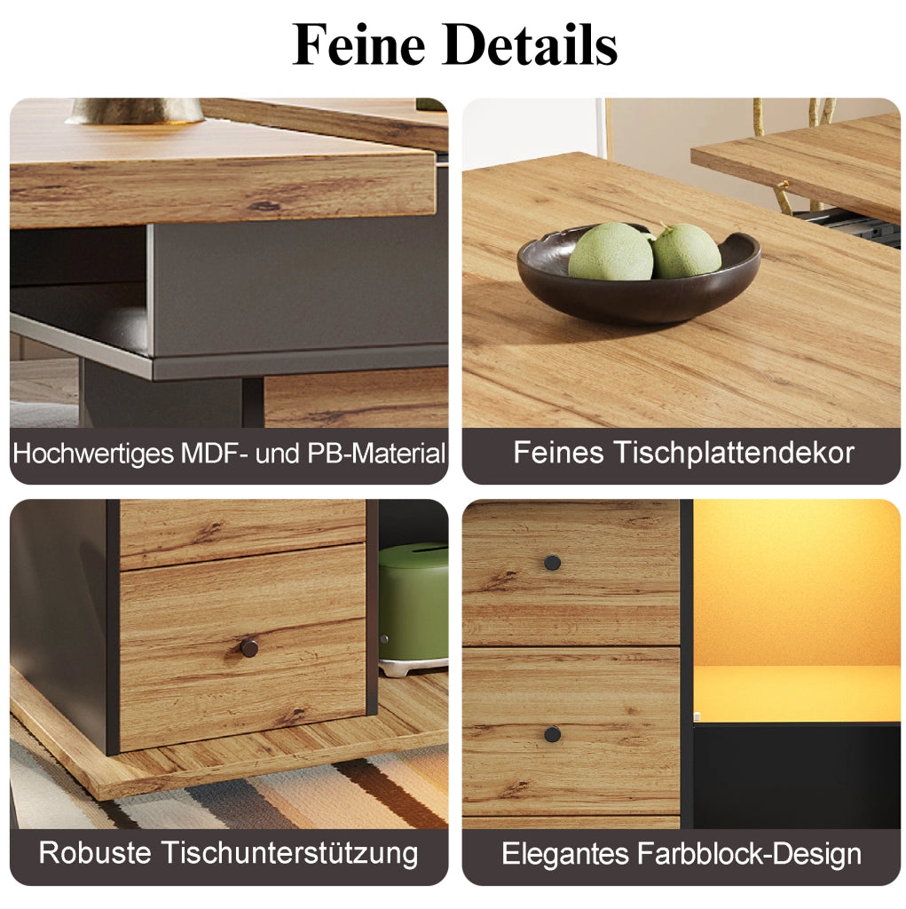 Tavolo da pranzo allungabile con LED, USB e vano contenitore 110-140x80 cm