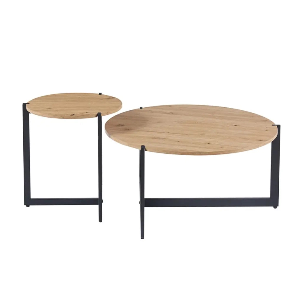 Set di due tavolini rotondi in stile industriale collezione BIANCA - Colore rovere chiaro e nero.