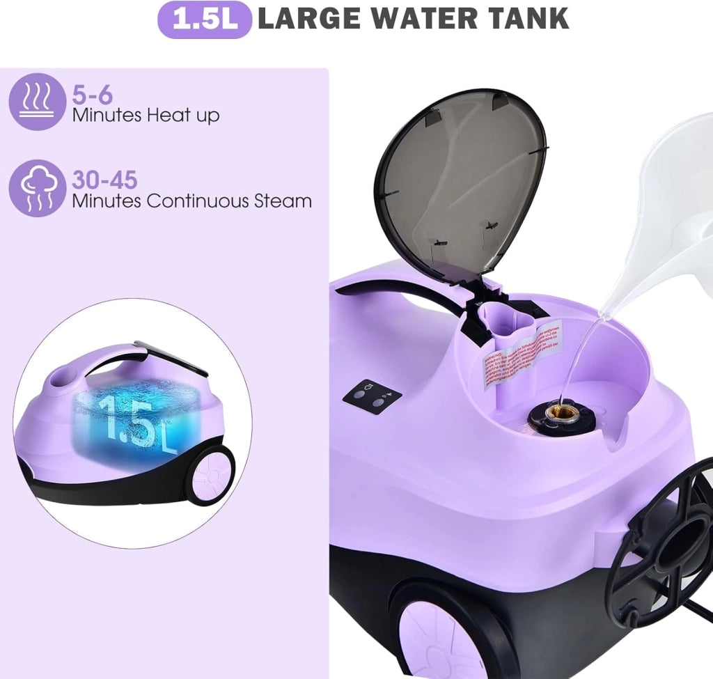 Pulitore a Vapore Portatile 2000W, Pressione del Vapore: 4 Bar, Massimo 108℃, Preriscaldamento: 5-6 Min, Serbatoio dell'Acqua: 1,5L, con 19 Accessori, per Divano, Pavimento, Finestra (Viola)