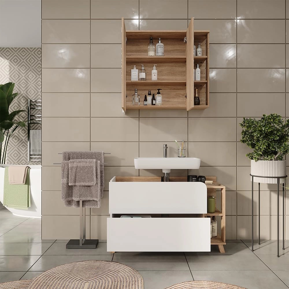 Set di mobili da bagno Karen, Sonoma/Bianco, 100 cm, composto da specchio da bagno e mobile sottolavabo