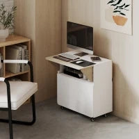 Mobile Tavolo Pieghevole con Ruote, due piani pieghevoli, Vano portaoggetti, 4 Ruote, Bianco+Naturale, 70 x 83 x 75cm