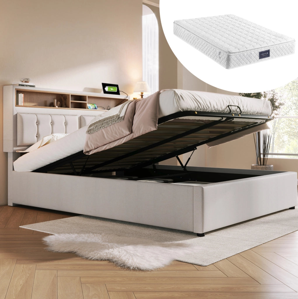 Letto matrimoniale imbottito 140x200 beige con contenitore, prese integrate e testiera regolabile