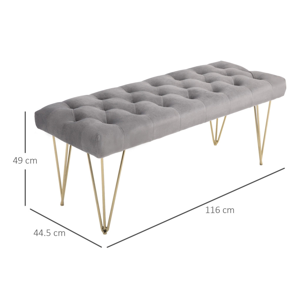 Panca da ingresso in velluto grigio 116 x 44,5 x 49 cm
