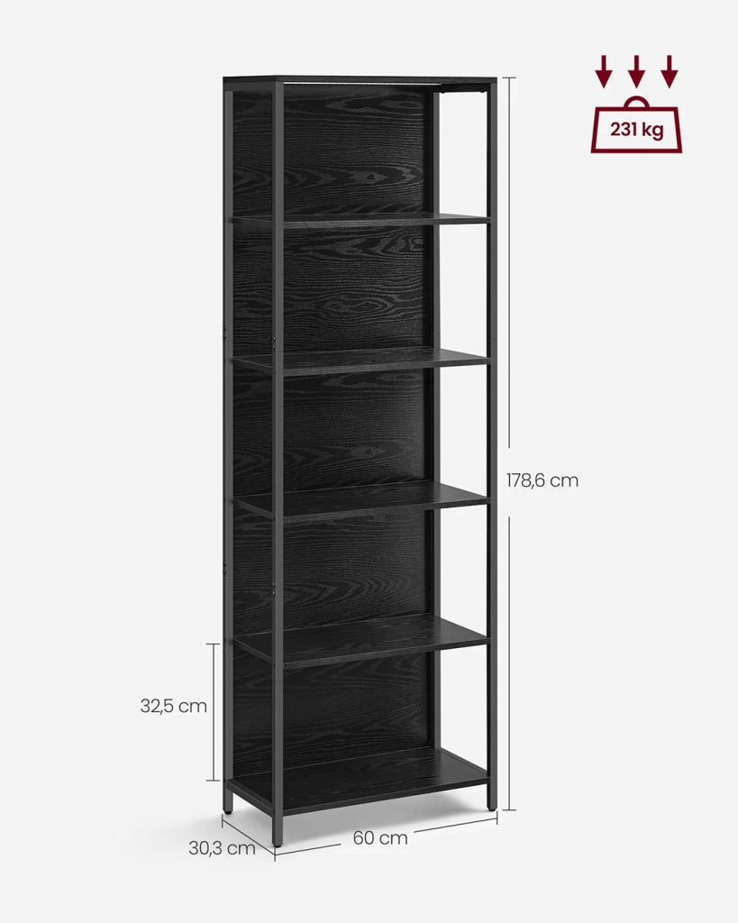 Libreria a LED a 6 ripiani con luce regolabile unità di archiviazione con struttura in acciaio 303 x 60 x 178,6 cm per soggiorno camera da letto ufficio nero 12_0004274