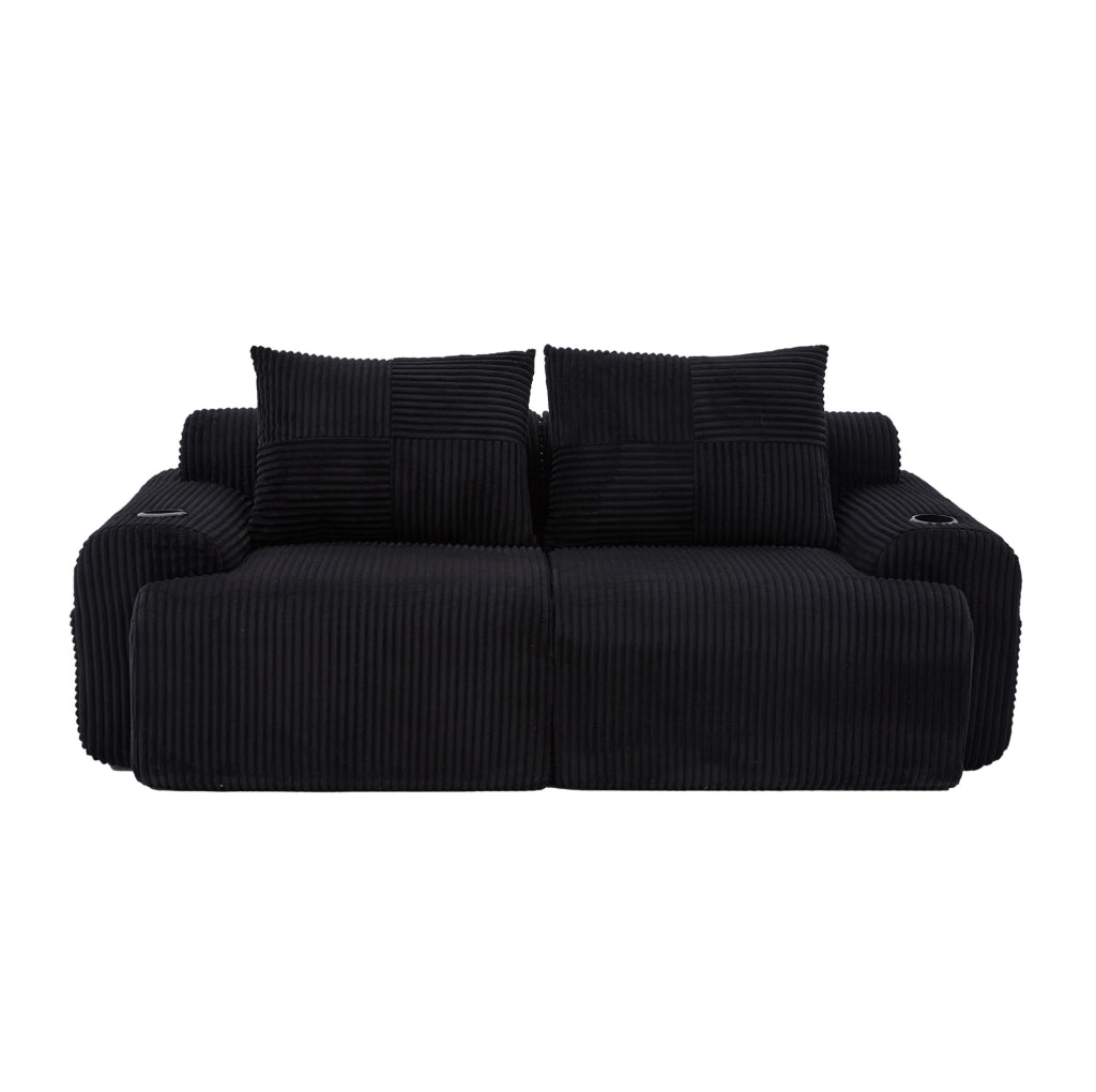 Divano modulare 2 posti 200x99x80 cm in tessuto nero, con portabevande e tasca laterale –