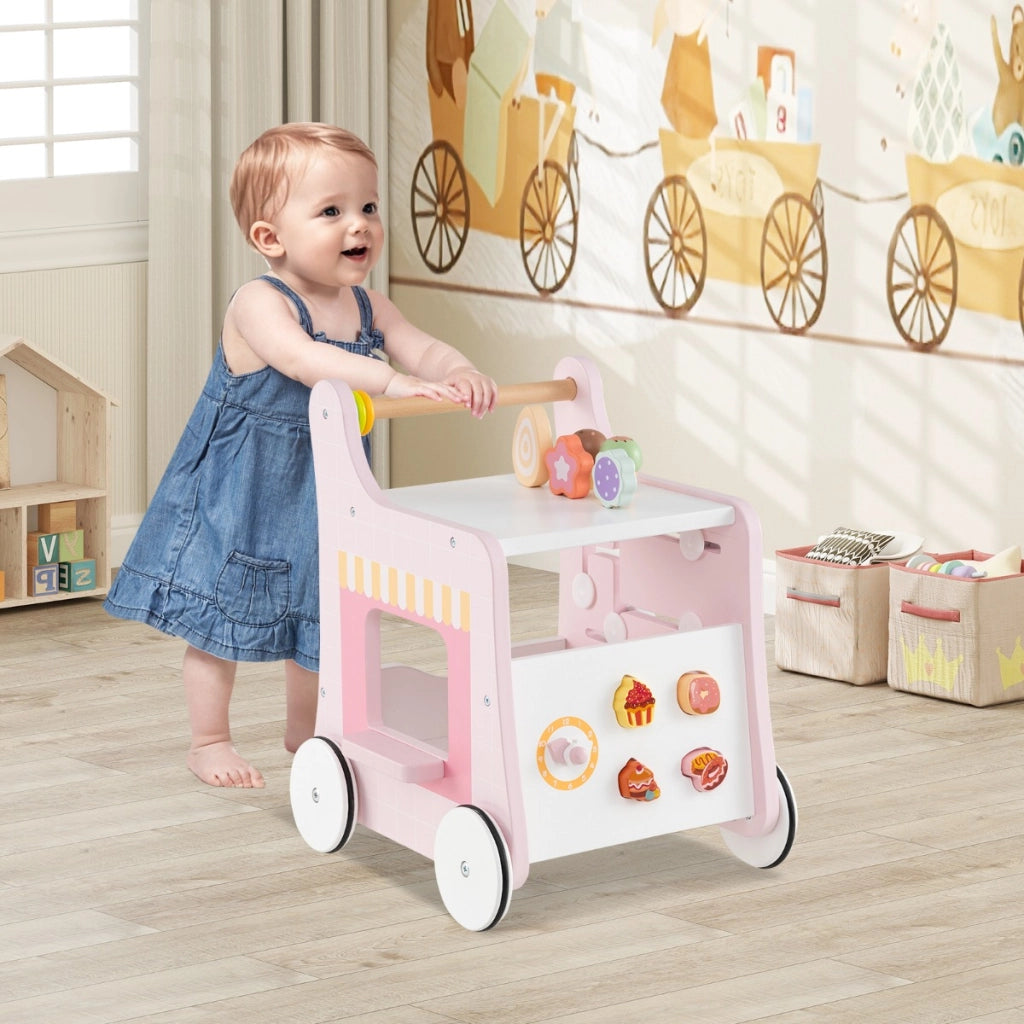 Carrello primi passi in legno con spazio di archiviazione, Carrello primi passi di dolci con gelati Rosa
