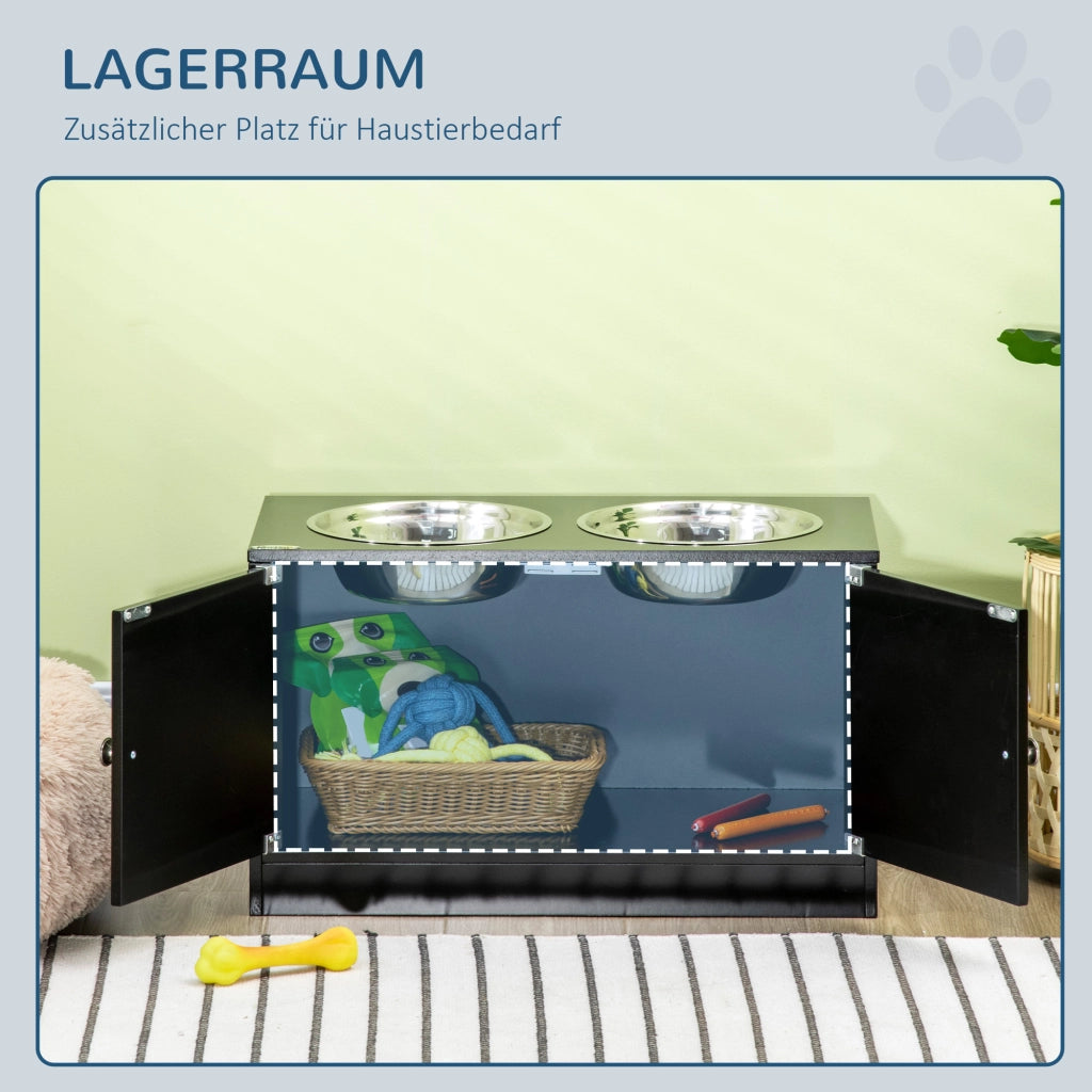 Scaffale per cani rialzato con 2 ciotole in acciaio inox e vano da 44 l con ante magnetiche in legno nero per grandi cani
