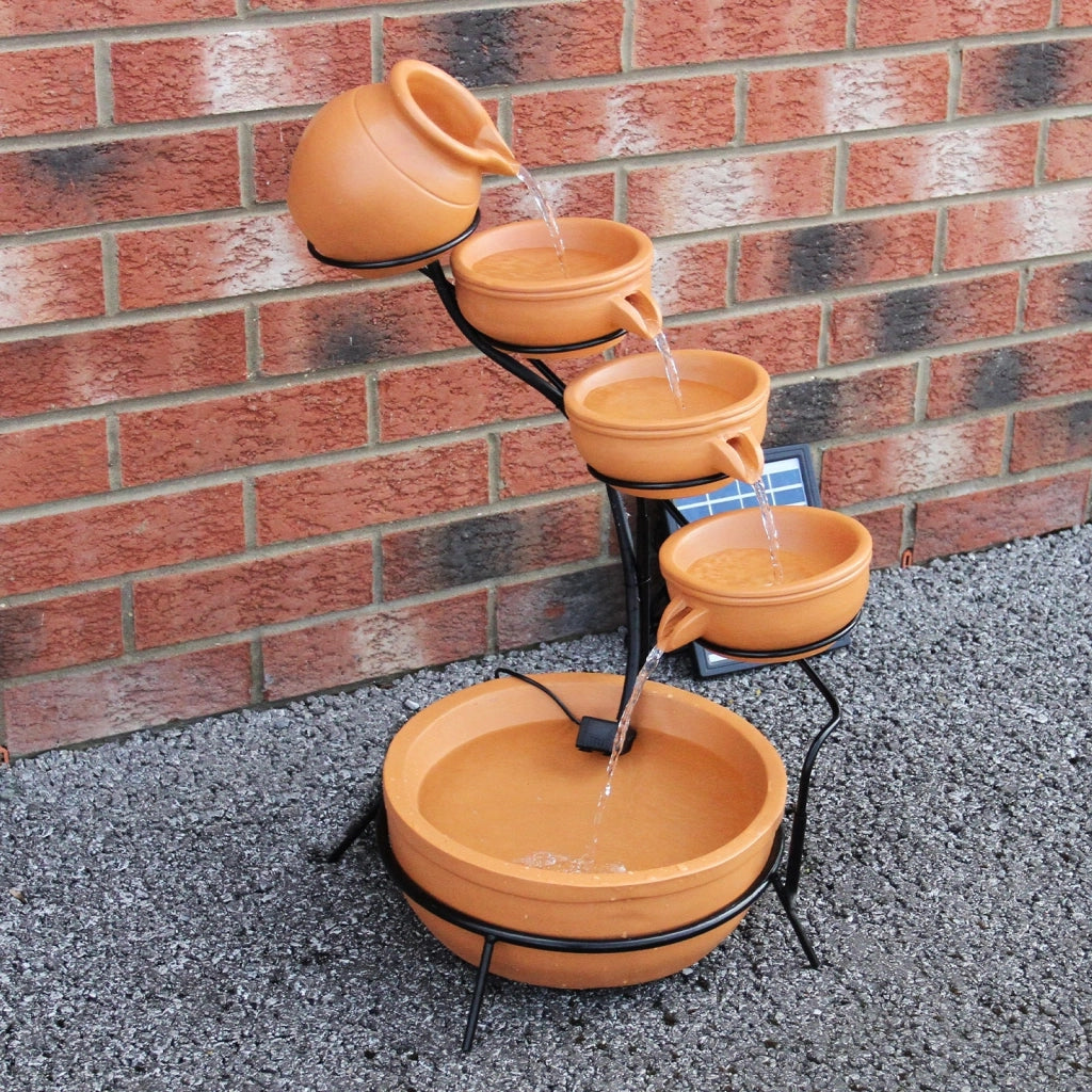 Fontana Solare a Cascata da Giardino con Batteria di Supporto da 6 Ore Fontanella con Pannello Solare e Picchetto Fontanella a Vasi Fontana con Ciotole - Terracotta