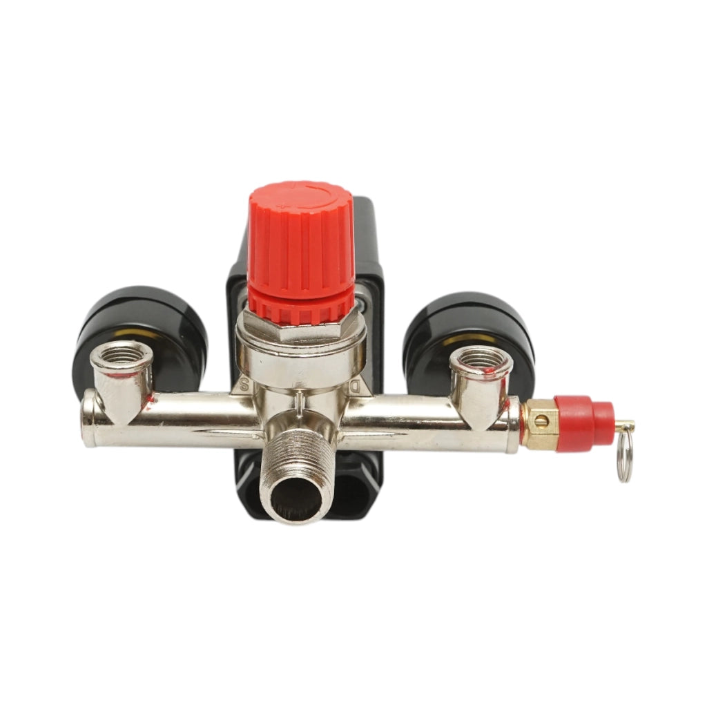 Pressostato per compressore d’aria 220V, con regolatore e 2 manometri fino a 12 bar.
