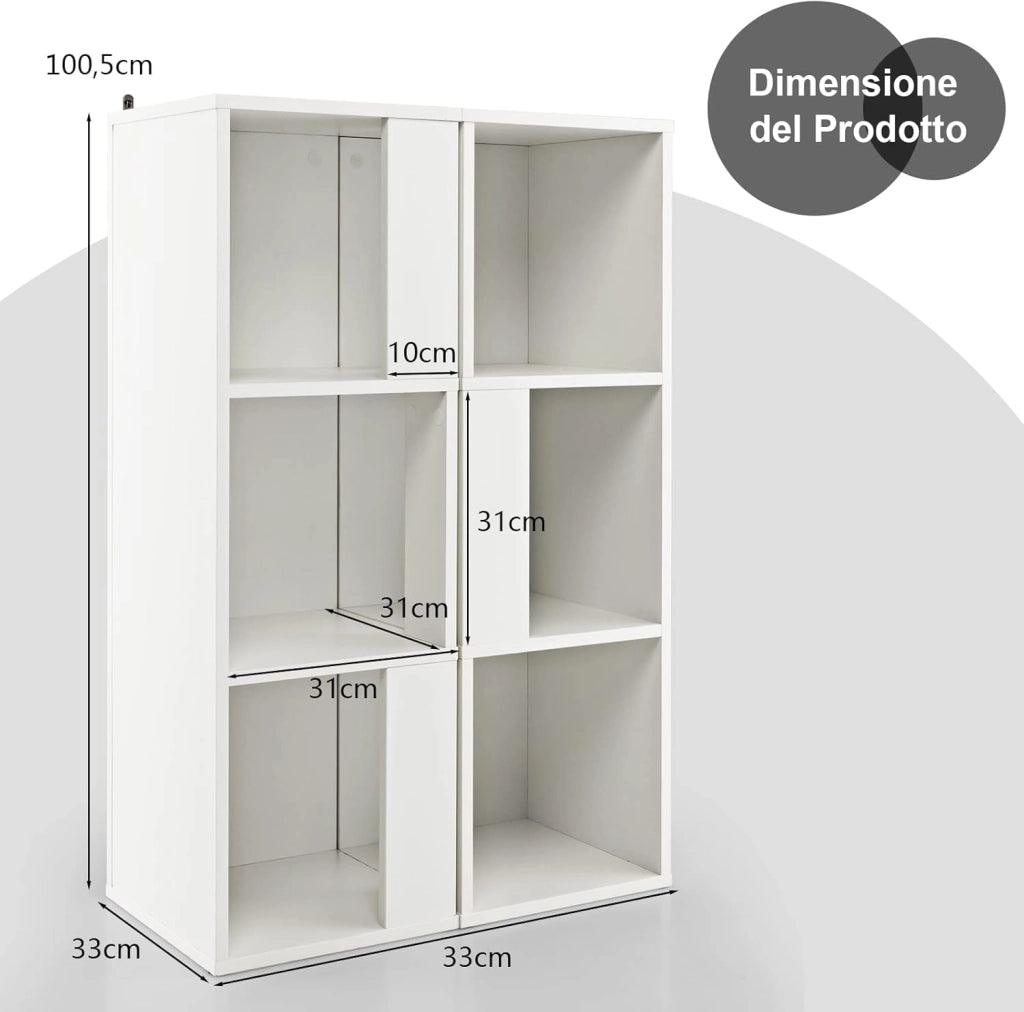 Libreria in Legno a 3 Livelli, Scaffale Espositivo con 6 Scomparti, Scaffale Multifunzionale per Soggiorno Studio Ufficio, 33x33x100,5cm (Bianco)