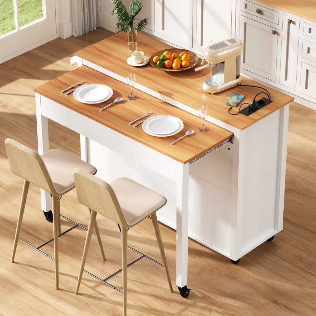Isola da Cucina con Piano Estensibile; Vano per Pattumiera e Prese; per Cucina e Sala da Pranzo; in MDF; 120x40-75x92 cm; Bianca