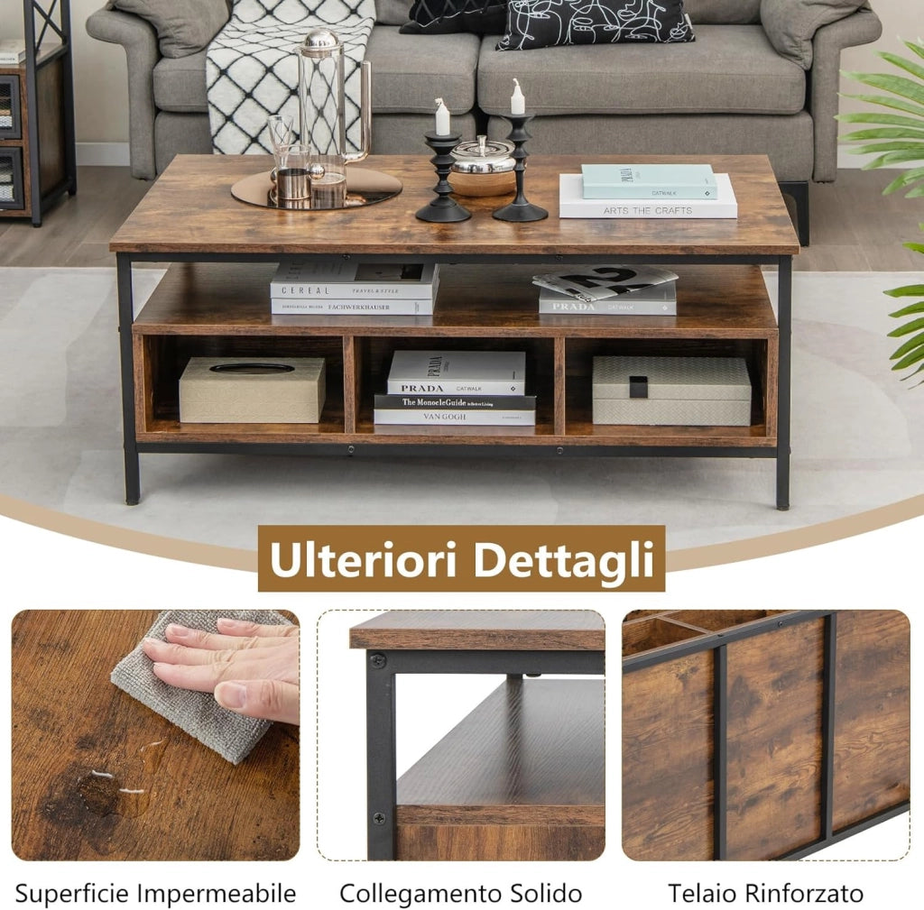 Tavolino da Caffè da Salotto, Tavolino Basso con Mensola Aperta e Telaio in Metallo Resistente, Tavolo Rettangolare in Legno per Soggiorno, Studio e Camera da Letto