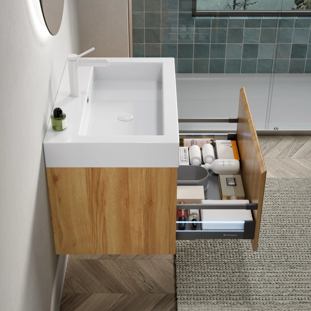 Mobile bagno sospeso con lavabo integrato e 1 cassetto con illuminazione LED per bagno; 70×46×50 cm; bianco e rovere