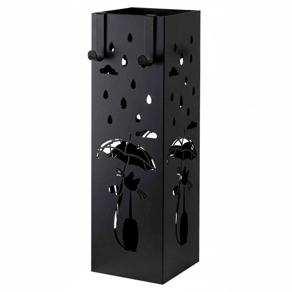 Portaombrelli Moderno In Metallo Con Gatto Decorativo Due Ganci Laterali Vaschetta Scolapioggia Removibile Base Antiscivolo Stand Per Casa E Ufficio 49 X 15.5 X 15.5 Cm Nero