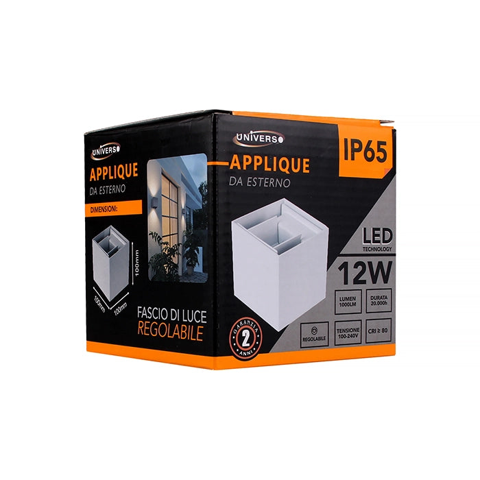 APPLIQUE LED 12W DA PARETE PER ESTERNO IP65 CUBO BIANCO - EFFETTO LUMINOSO BIDIREZIONALE REGOLABILE