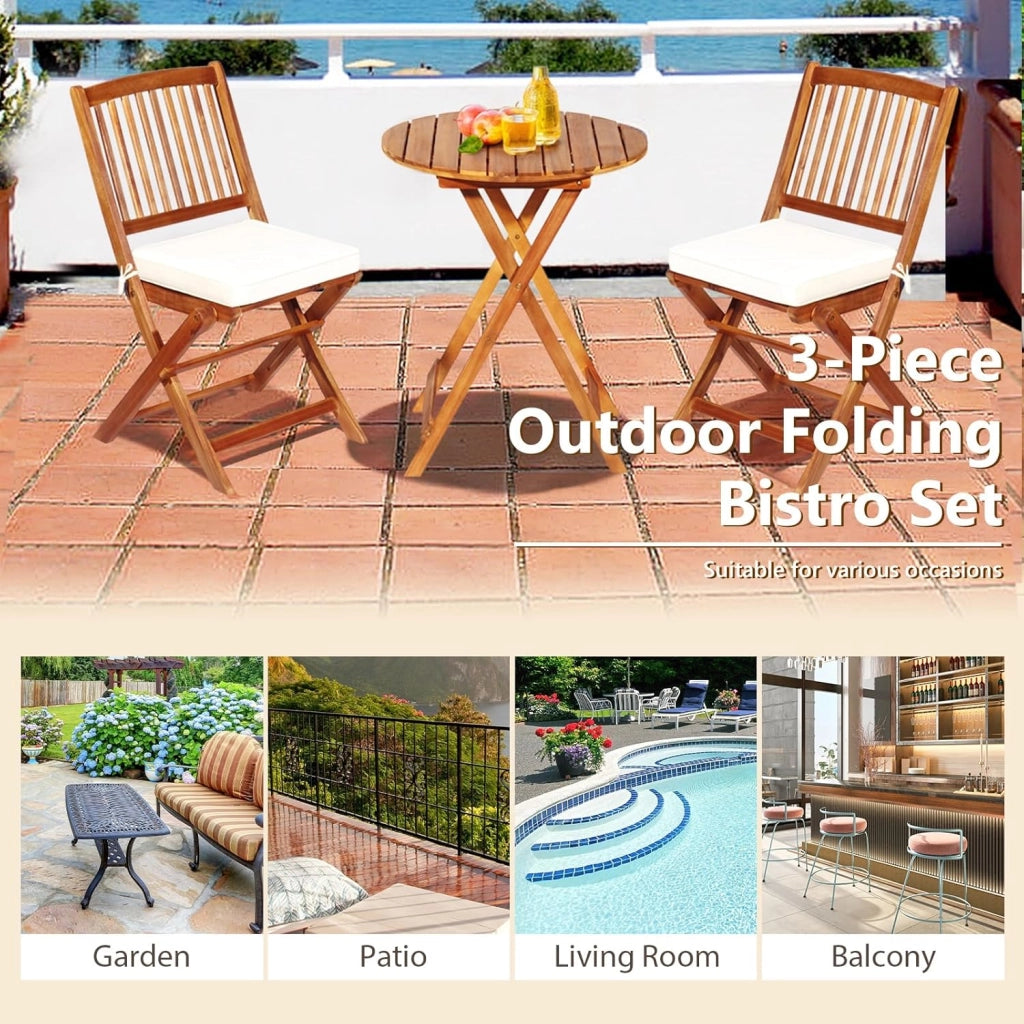 Set da Bistrò Pieghevole, Tavolo Portato 40 kg, Sedie con Cuscini Portato 160 kg, Set Giardino, Set Tavolo e Sedie da Giardino, Set da Esterno per Balcone (Cuscini Beige)