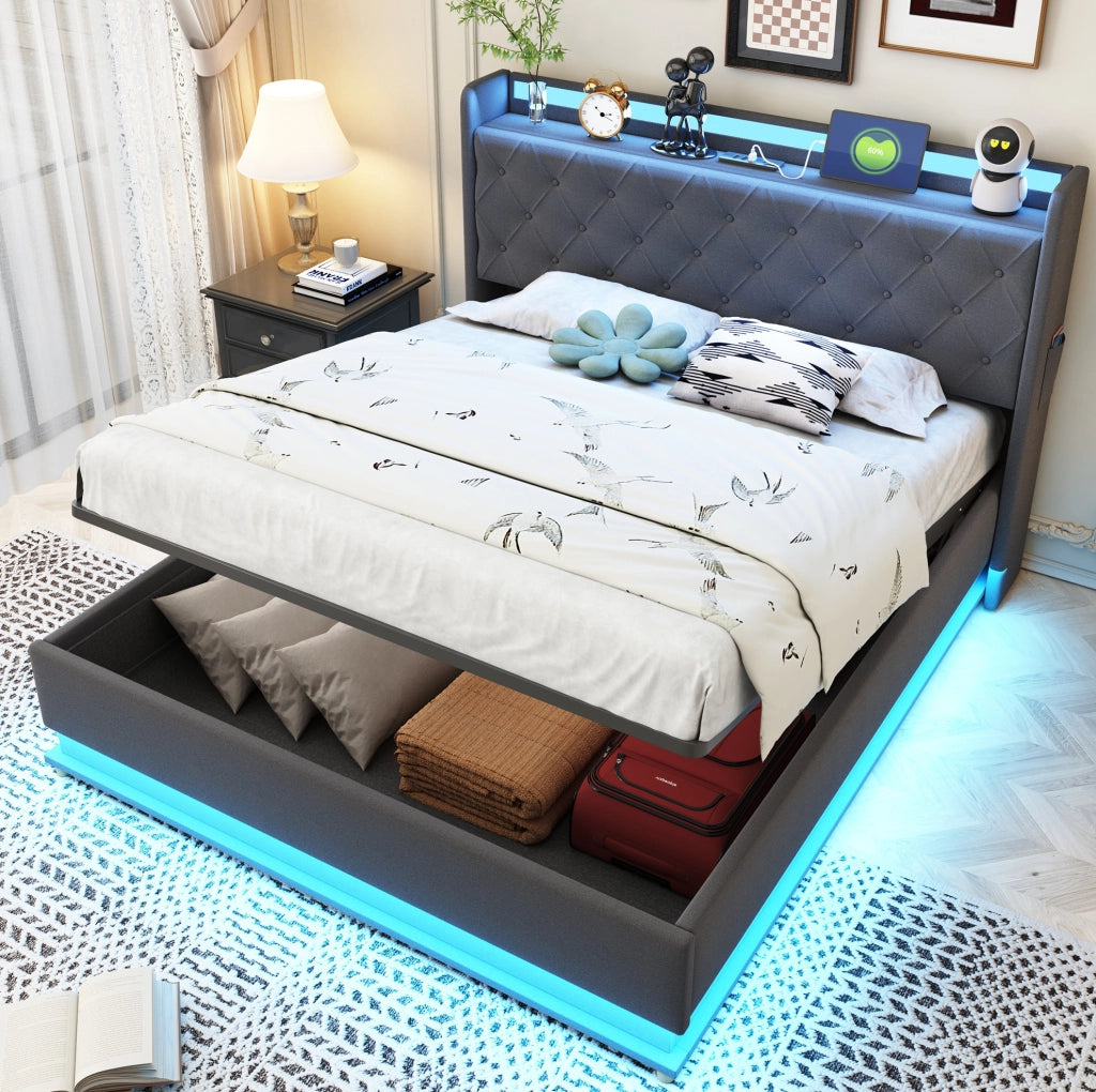 Letto imbottito LED 140x200 cm grigio con USB e vano contenitore idraulico