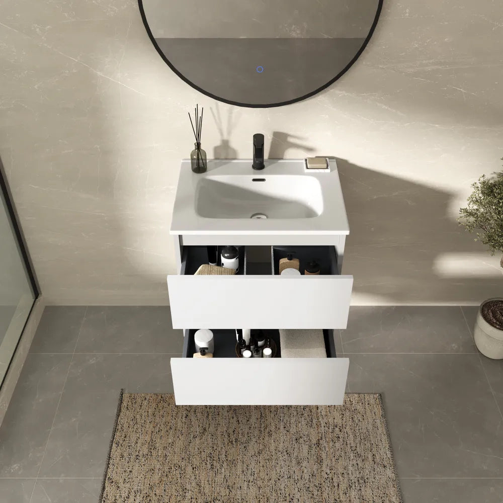 Mobile bagno sospeso 60cm due cassetti bianco opaco con lavabo | Hexa