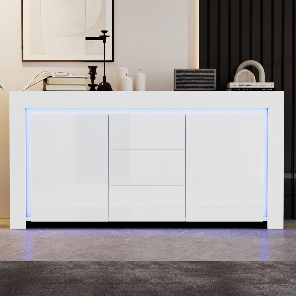 Cassettiera con LED ¨C MINIMAL ¨C Bianco Lucido, 3 Cassetti, 2 Ante, 140x40x65 cm
