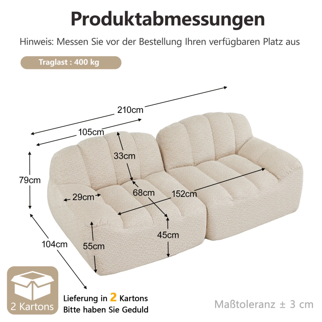 Divano modulare 2 posti 210x104x79 cm in tessuto fleece granulato; beige white