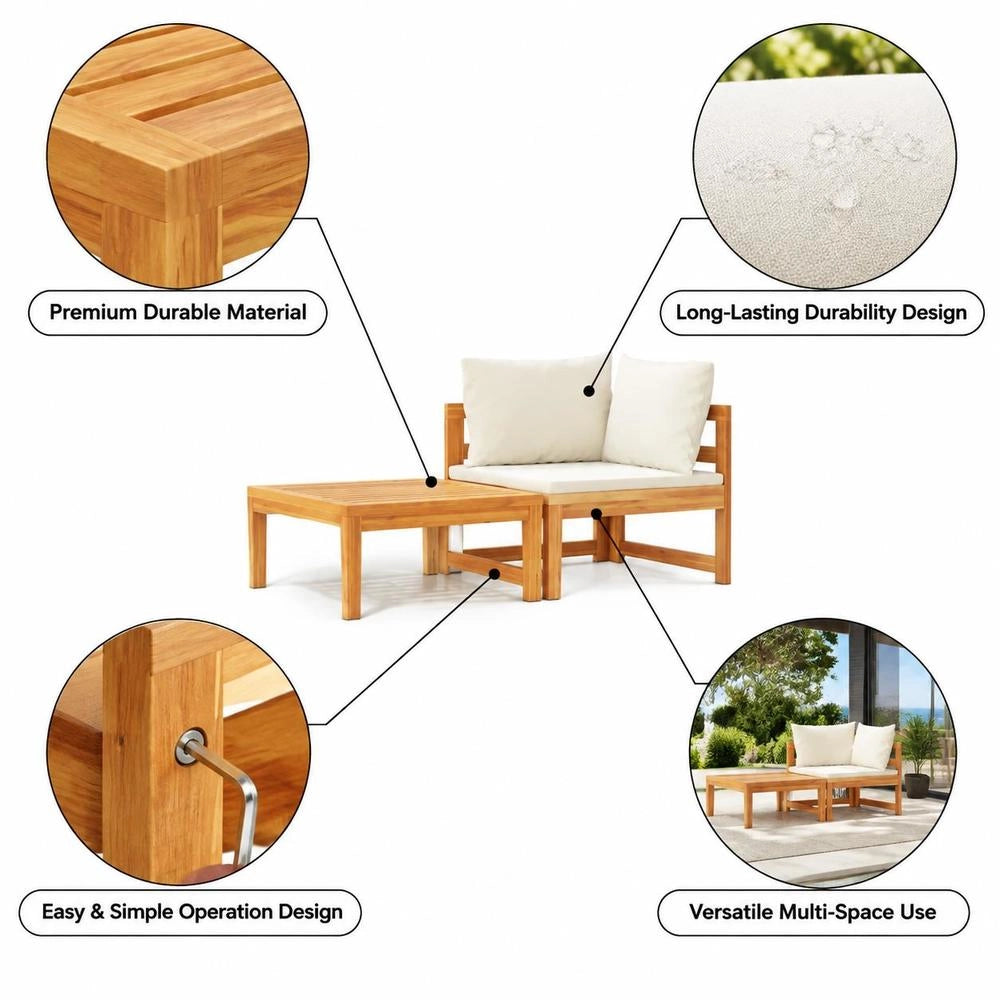 2-piece Garden Lounge Set With Cushions, Cream White, Acacia Wood