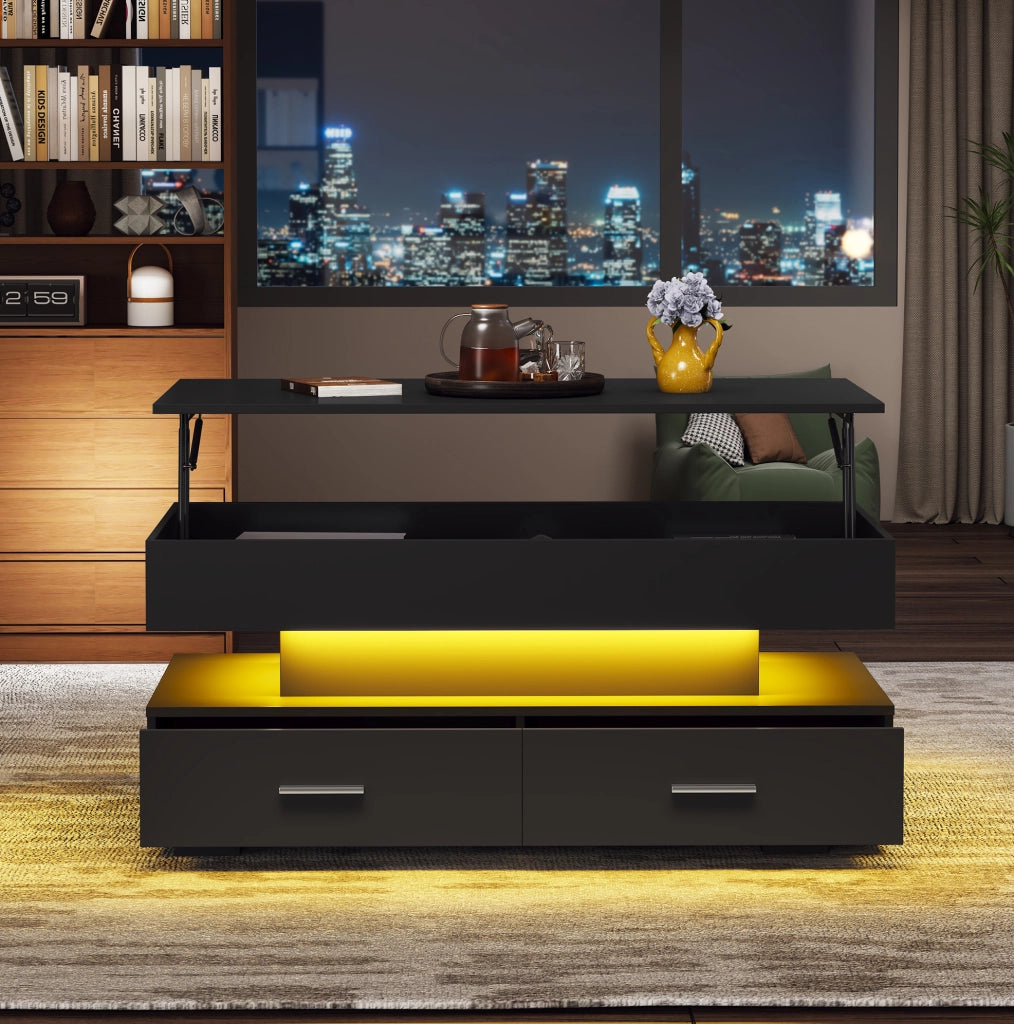 Tavolino da caffè regolabile con LED, 2 cassetti, nero