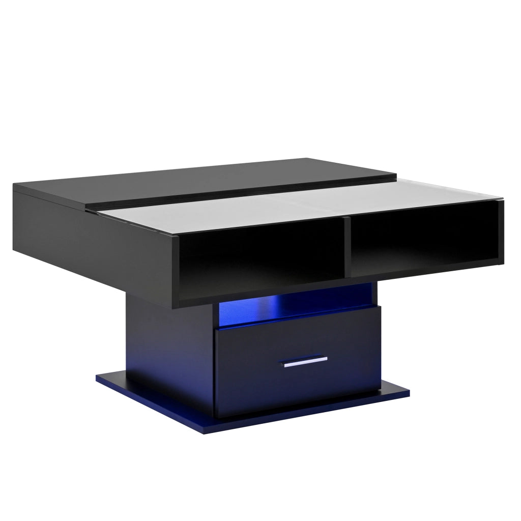 Tavolino da Caffè Sollevabile con 1 Cassetto e 1 Vano e LED; Finitura Parzialmente Lucida; Stile Moderno; in Pannello Truciolare; Nero