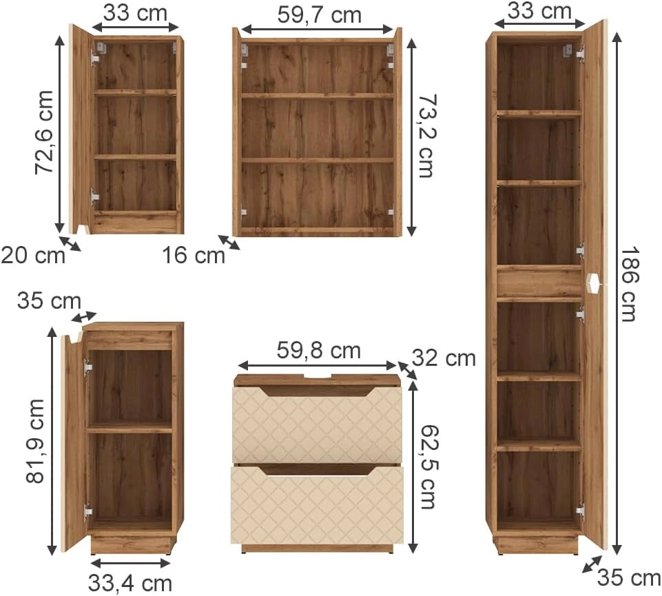 Set di mobili da bagno Lotta, Cachemire, 59.8 cm, composto da mobile sottolavabo, specchiera, colonna, base media e pensile