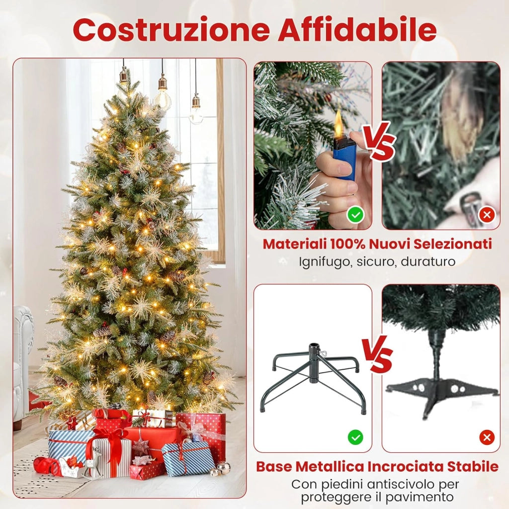 Albero di Natale Artificiale Pre-illuminato 180 cm con 270 Luci LED | Albero di Natale con 806 Punte di Rami in PE, PVC e PET e Pigne e Bacche Rosse, per Casa, Negozio e Ufficio