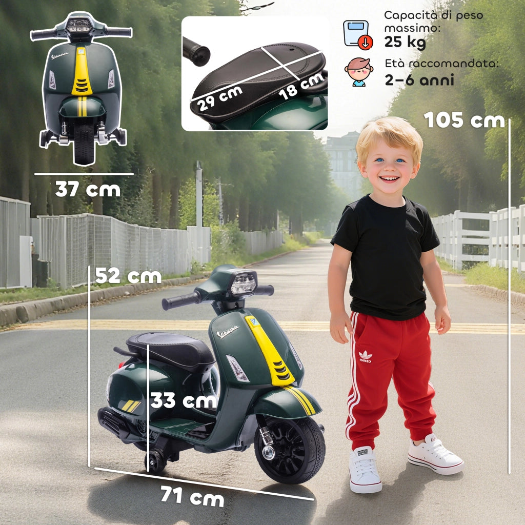 Moto Elettrica per Bambini con Licenza Ufficiale Piaggio Vespa 6V con Rotelle e Luci Verde Scuro