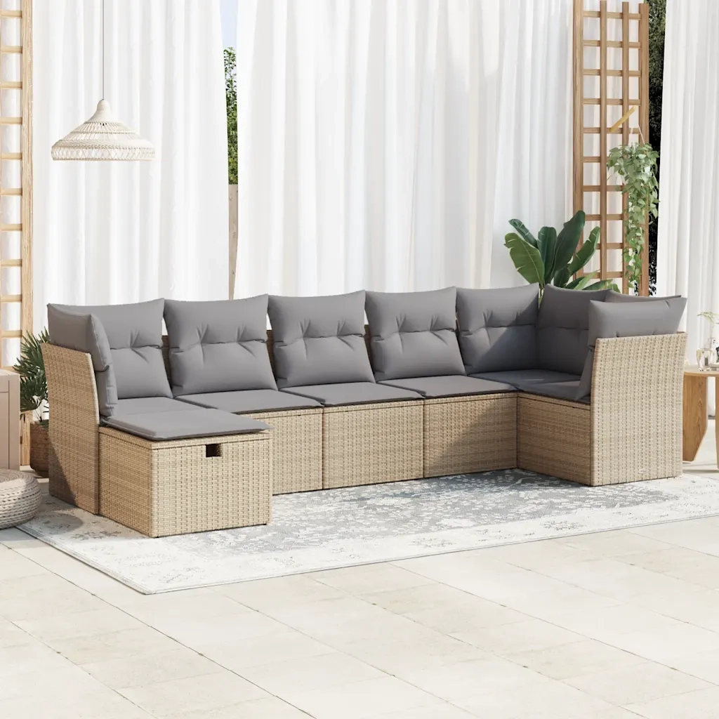Set Divani da Giardino 7 pz con Cuscini Beige in Polyrattan