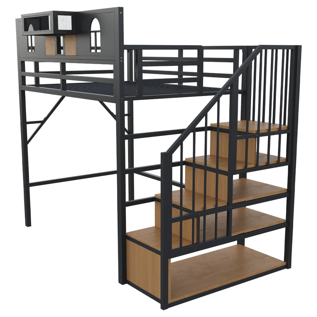 Letto a soppalco in metallo 90 x 200 cm con scala contenitore, mensola, illuminazione e struttura in MDF e metallo, nero