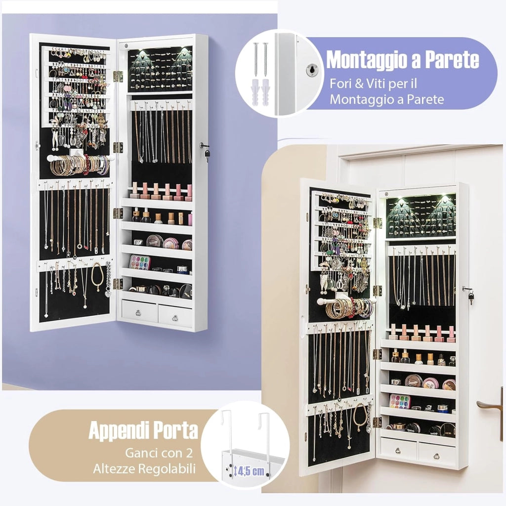 Armadio per Gioielli con 2 luci LED, con Specchio a Figura, Organizer Montato al Muro con Ganci Regolabili per Appendere, Armadio Portagioie per Truccarsi (Bianco)